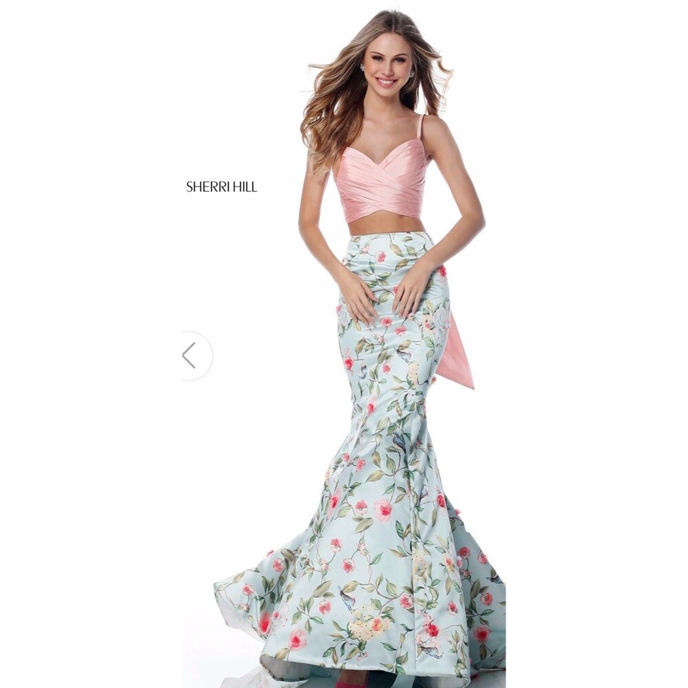 Sherri Hill style 51943 two-piece mermaid Prom Women’s Size 00 Yellow/Aqua NWT!‎